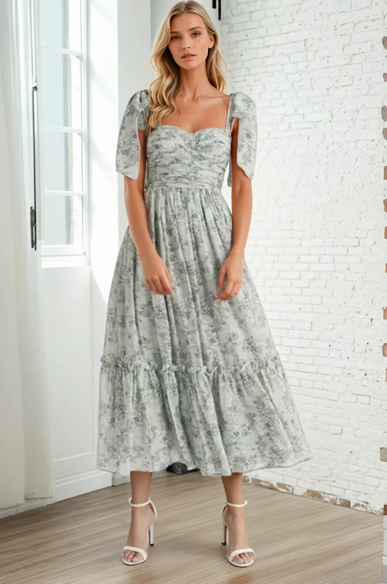 MABLE Floral Bust Ruched Midi Dress with Shoulder Tie